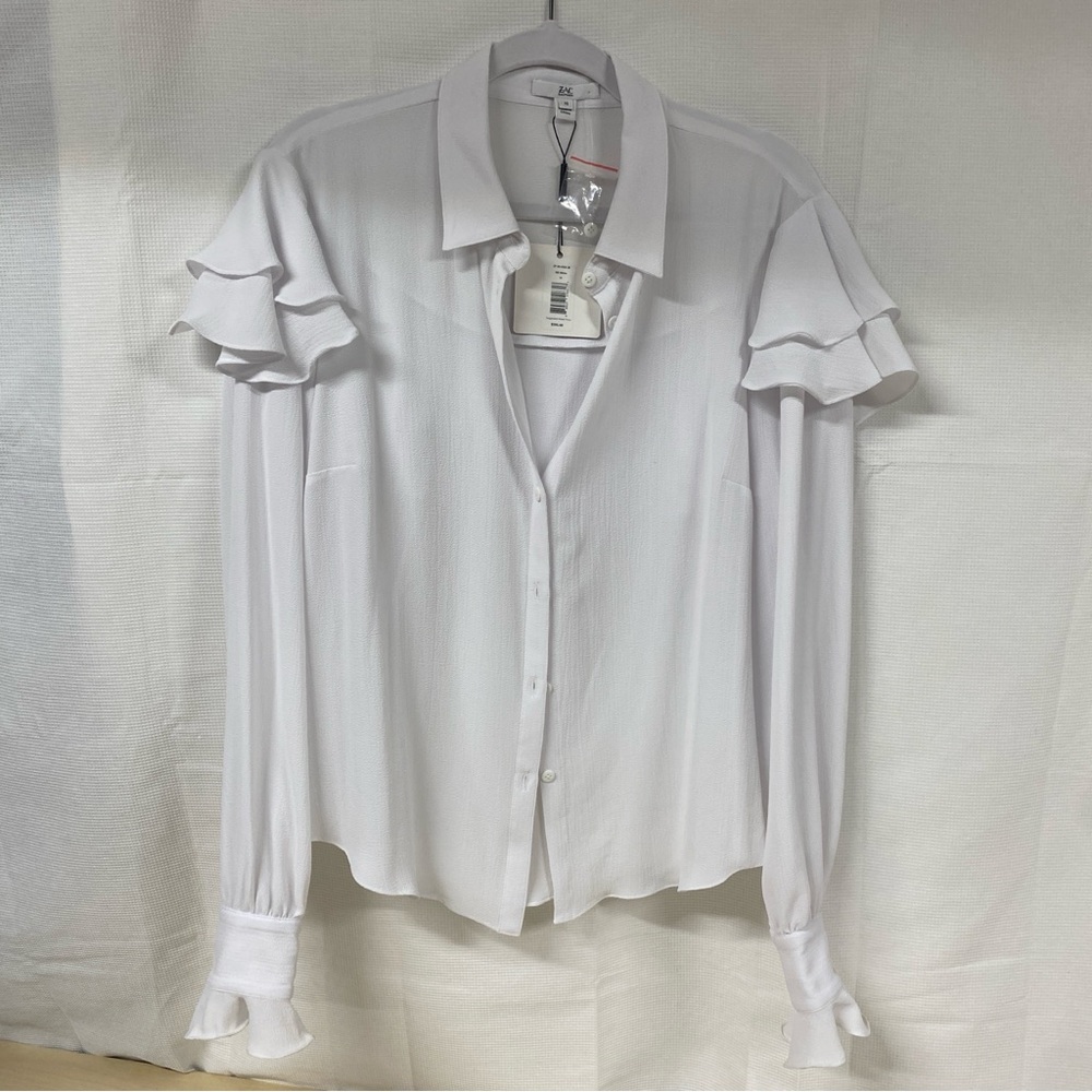 NWT ZAC Zac Posen White Ruffle Blouse Size 10 Button Front Long Sleeve Statement